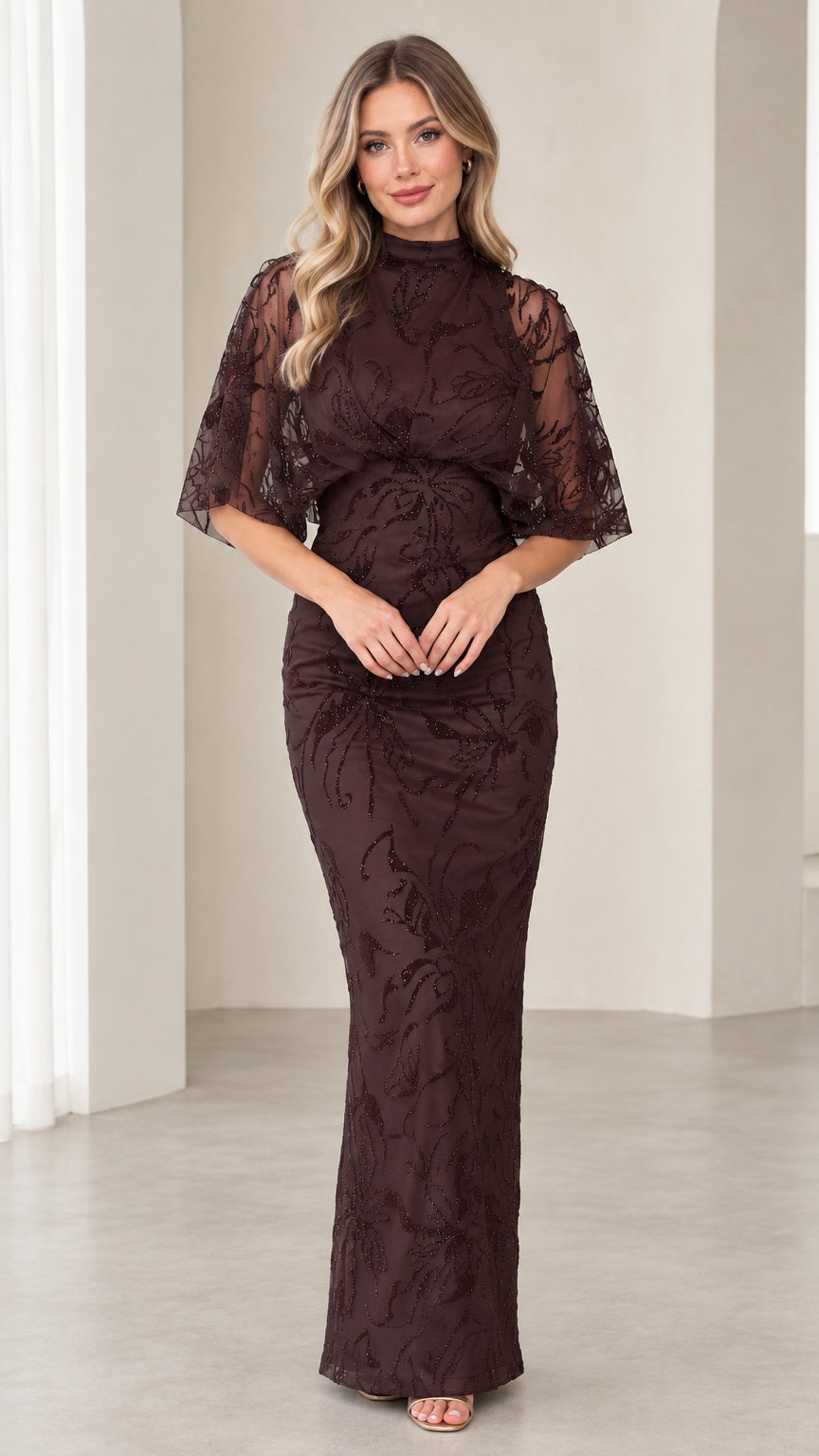 Front view of model wearing Chocolate Brown high neck beaded maxi dress with flutter sleeves