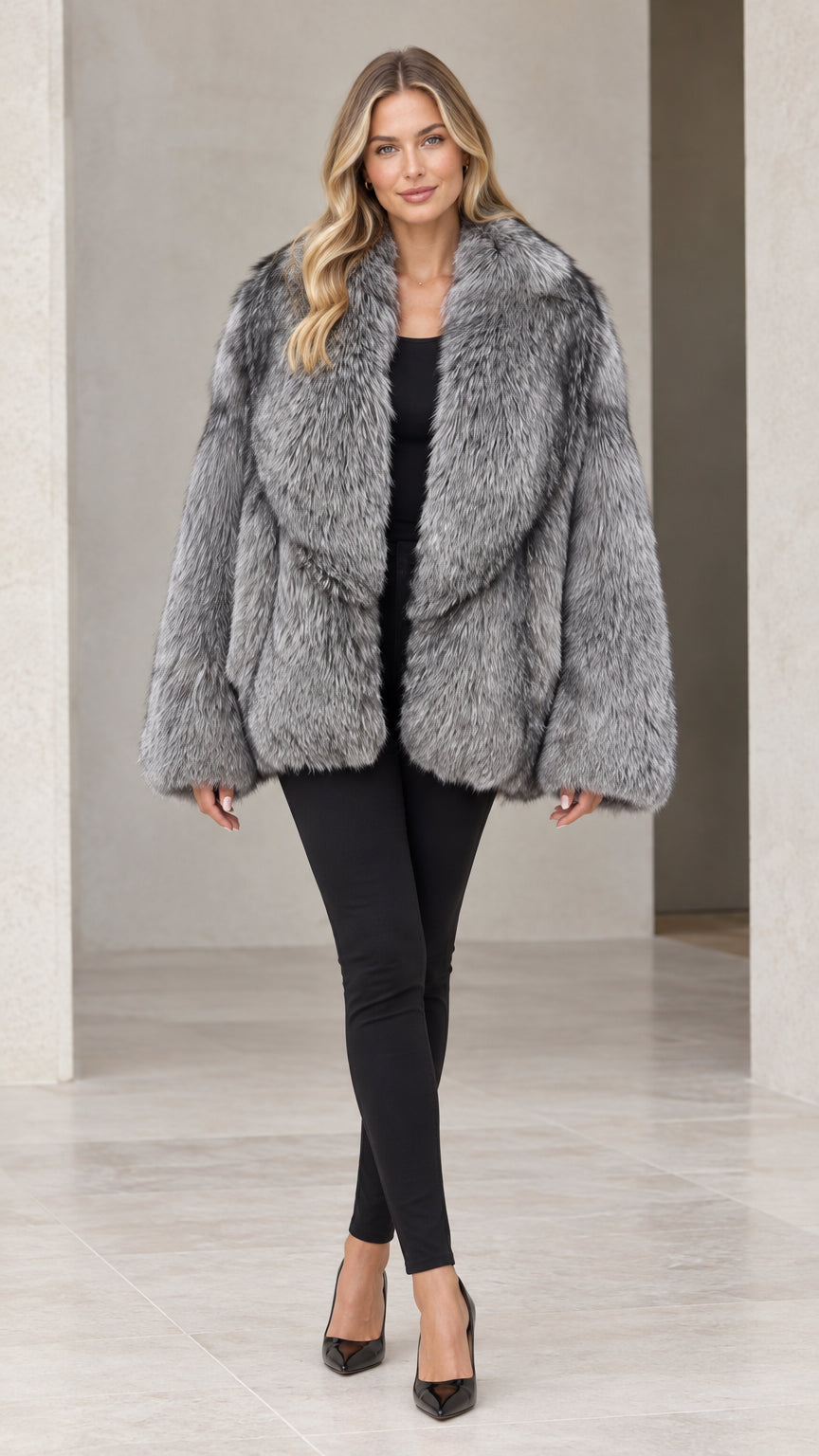 Front view of woman wearing silver grey faux fur coat with wide shawl collar