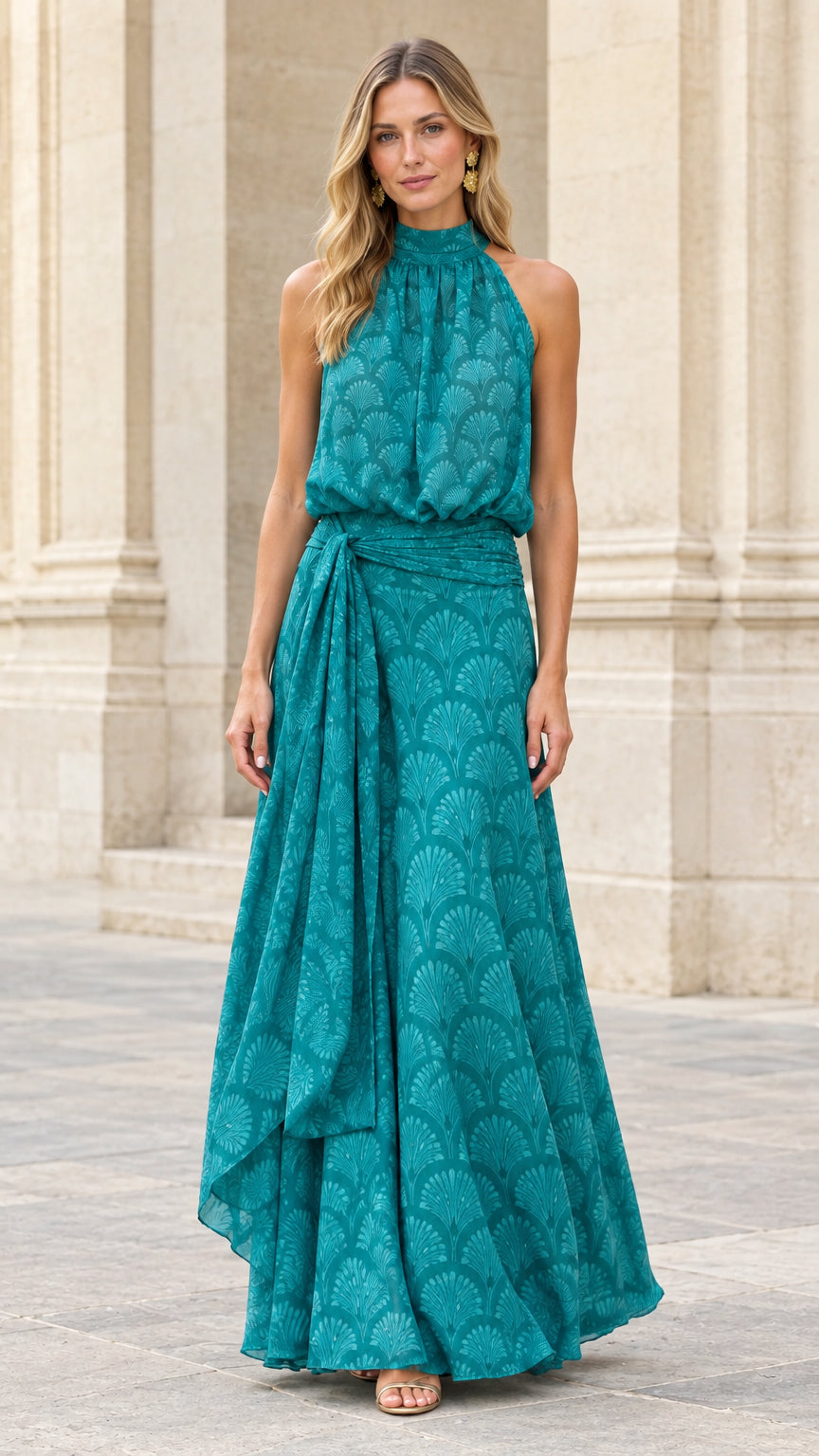 Front view of model wearing teal halter neck pleated maxi dress with draped tie waist