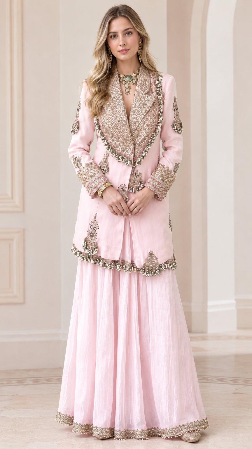 Blush Pink embroidered longline blazer and sharara set front view