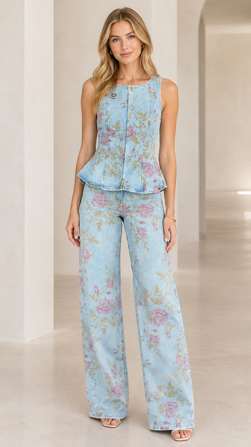 Light Blue floral denim peplum top and wide leg pants set front view