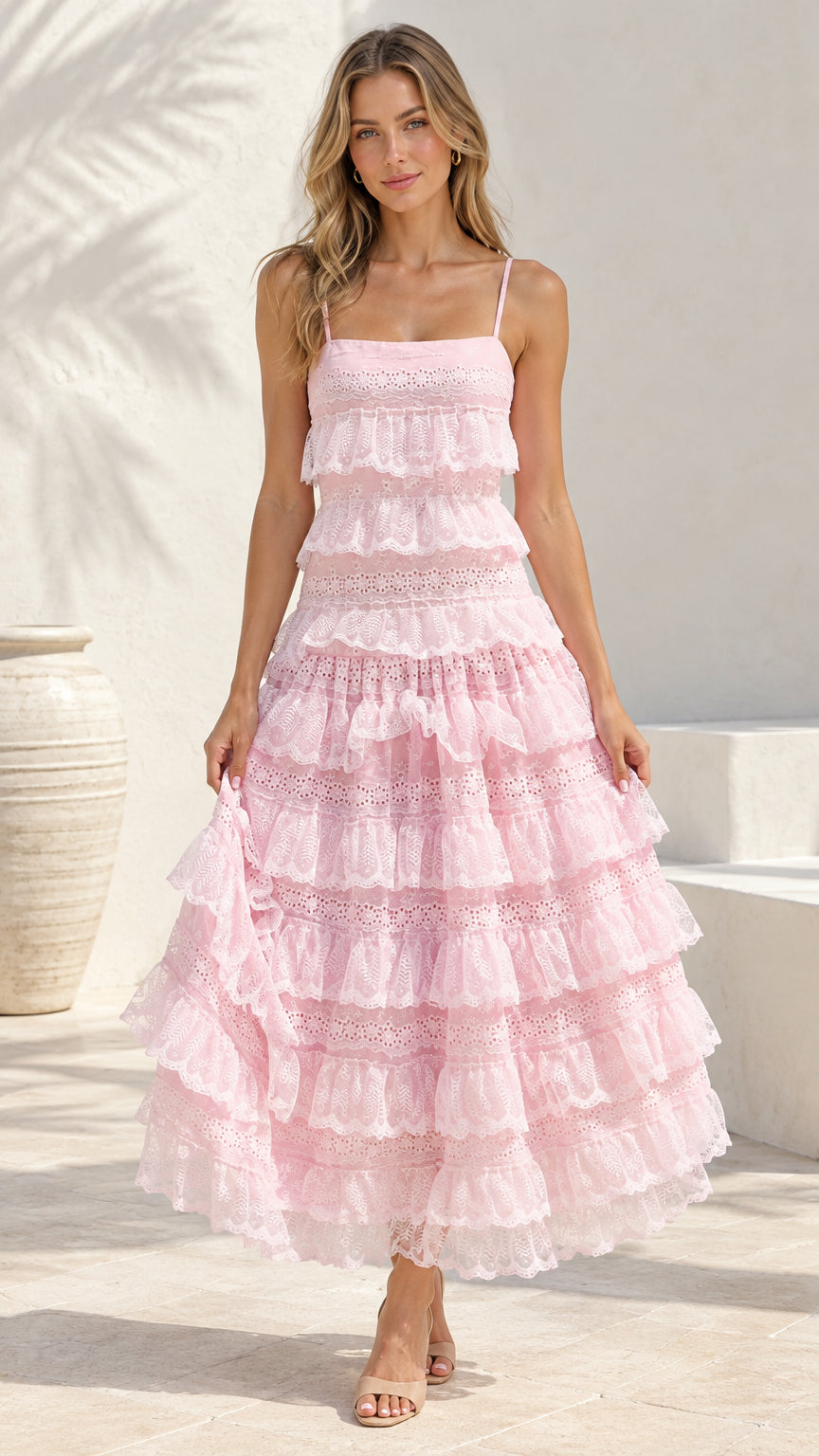 Front full view of woman wearing Light Pink tiered eyelet lace ruffle cami maxi dress