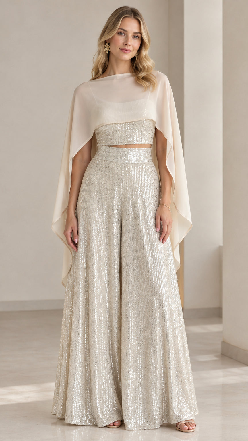 Champagne sequin crop top and wide-leg trousers set with matching sheer cape overlay front view