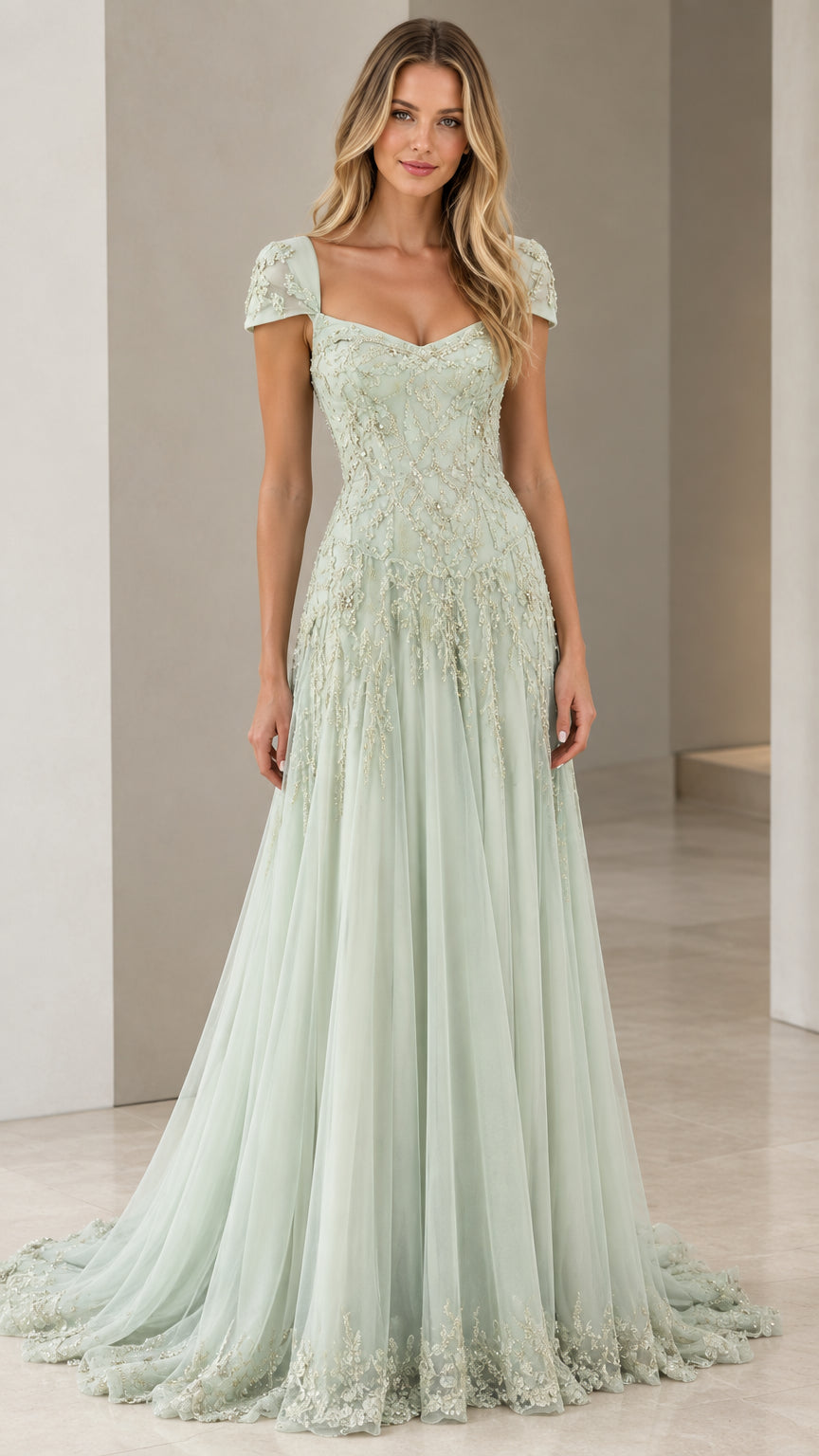 Front view of model wearing Sage Green beaded cap sleeve tulle evening gown