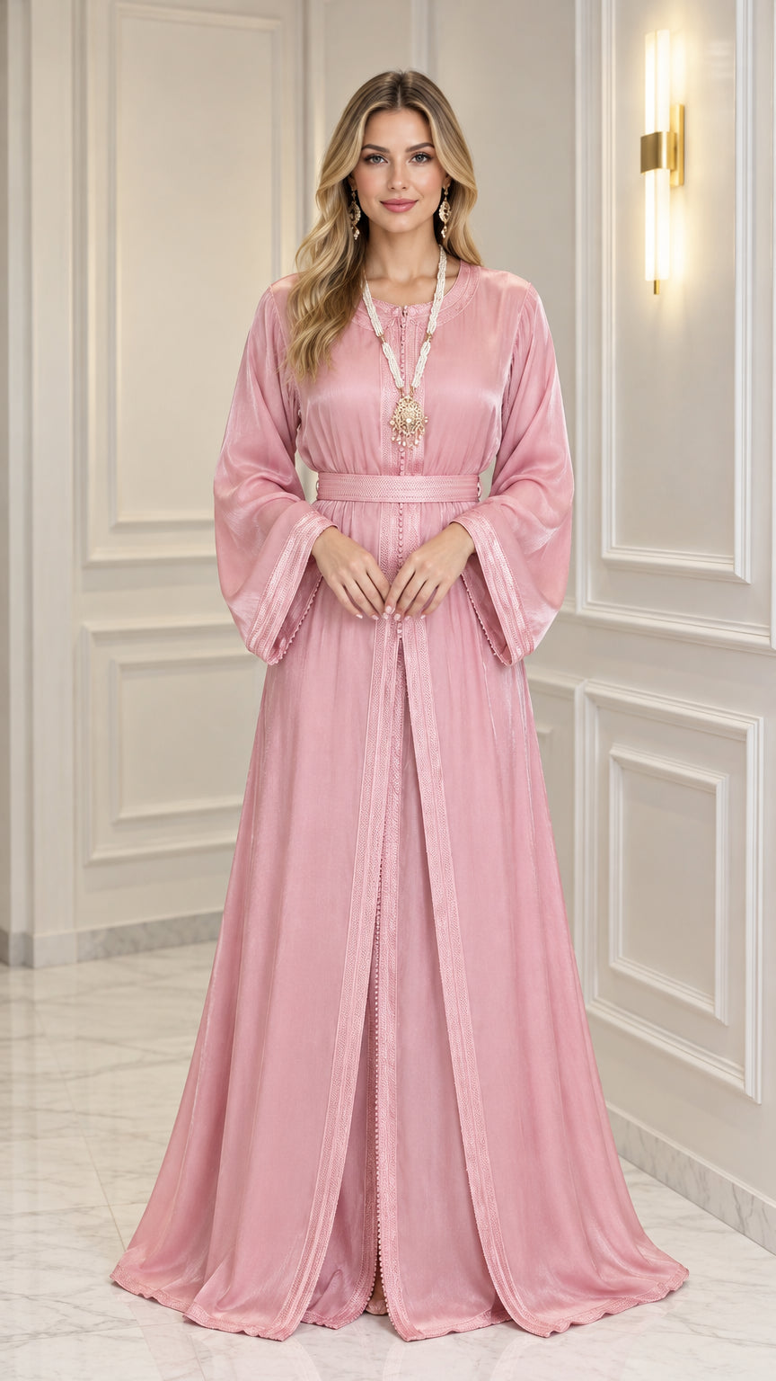 Front view of woman wearing Rose Pink embroidered trim satin kaftan maxi dress