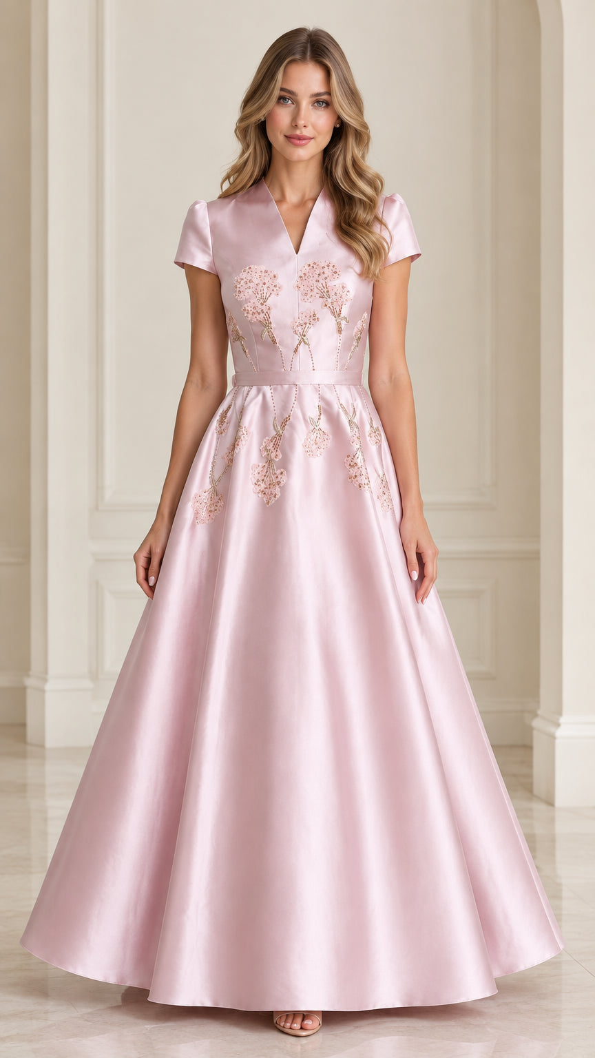 Front view of model wearing Blush Pink floral beaded satin A-line gown