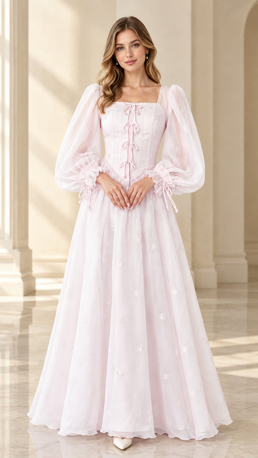Front full view of light pink Renaissance corset maxi dress with sheer puff sleeves