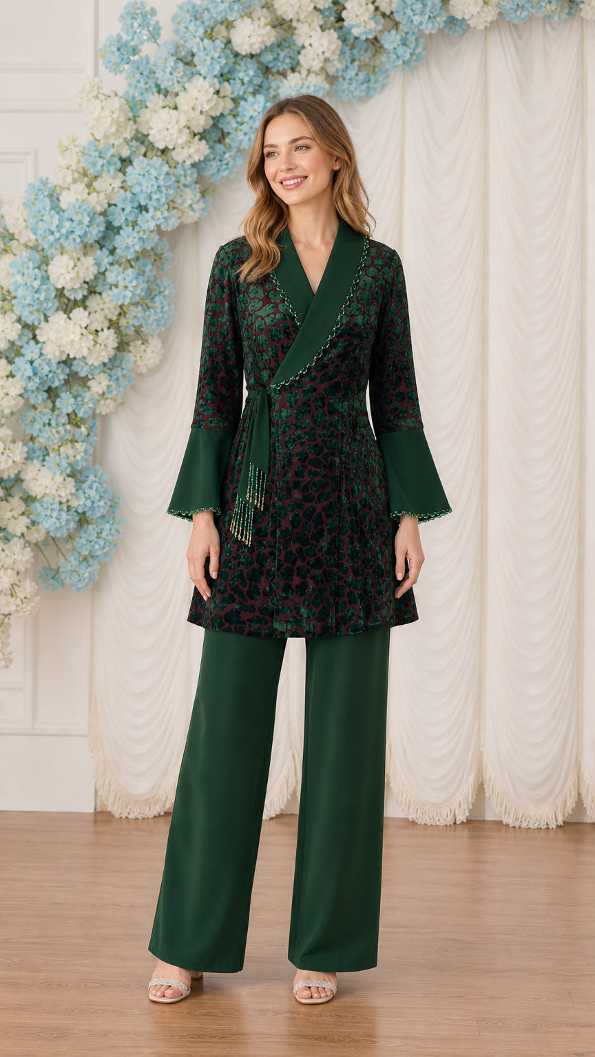 Full front view of model wearing Dark Green textured wrap tunic with beaded trim and matching wide-leg pants