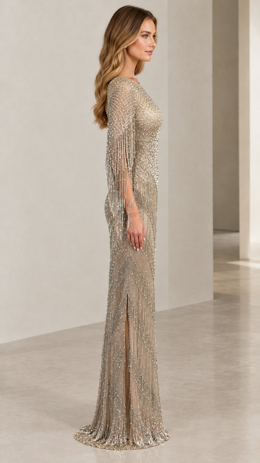 Side profile of woman in Champagne beaded gown showing side slit and silhouette