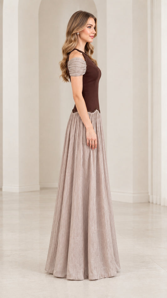 Side profile view of chocolate brown and taupe pleated evening gown