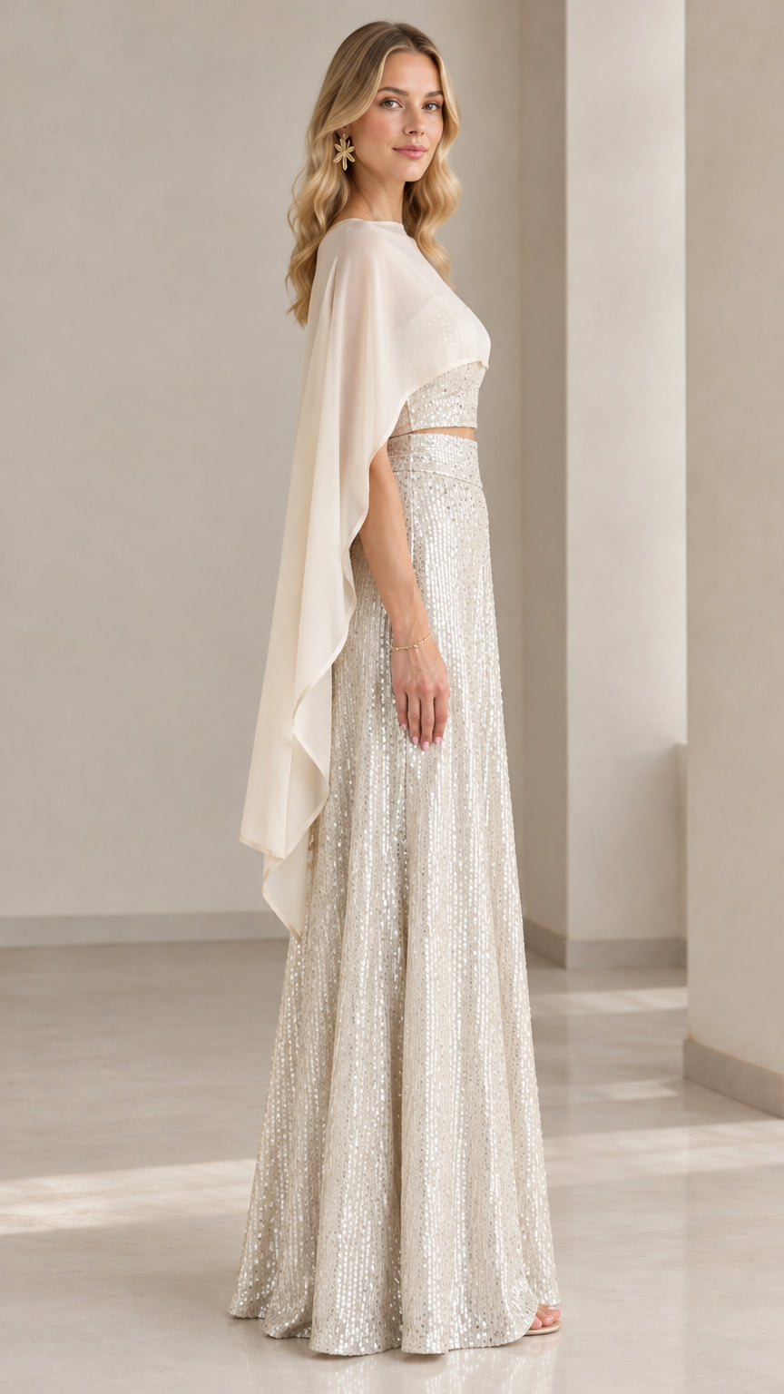 Champagne sequin evening pants set with sheer drape side profile view