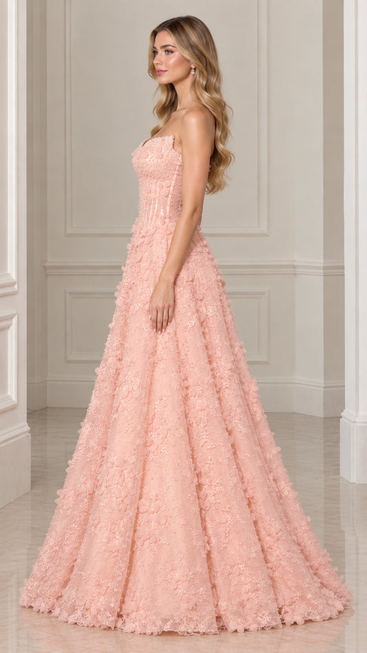 Side profile of model in Blush Pink 3D floral A-line formal ball gown