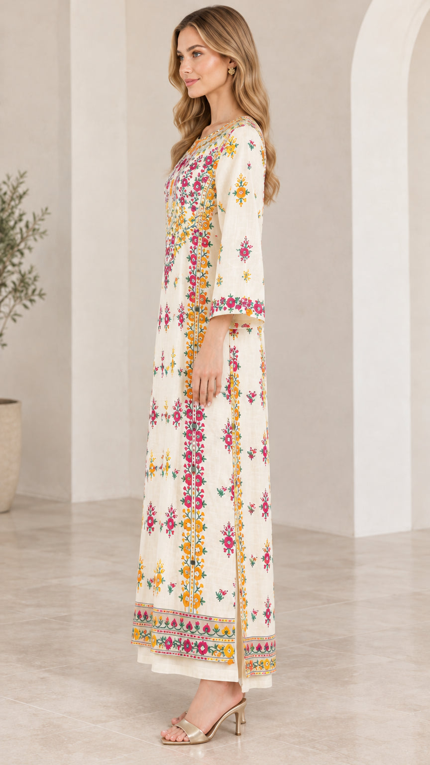 Side profile view of ivory floral embroidered long sleeve maxi dress