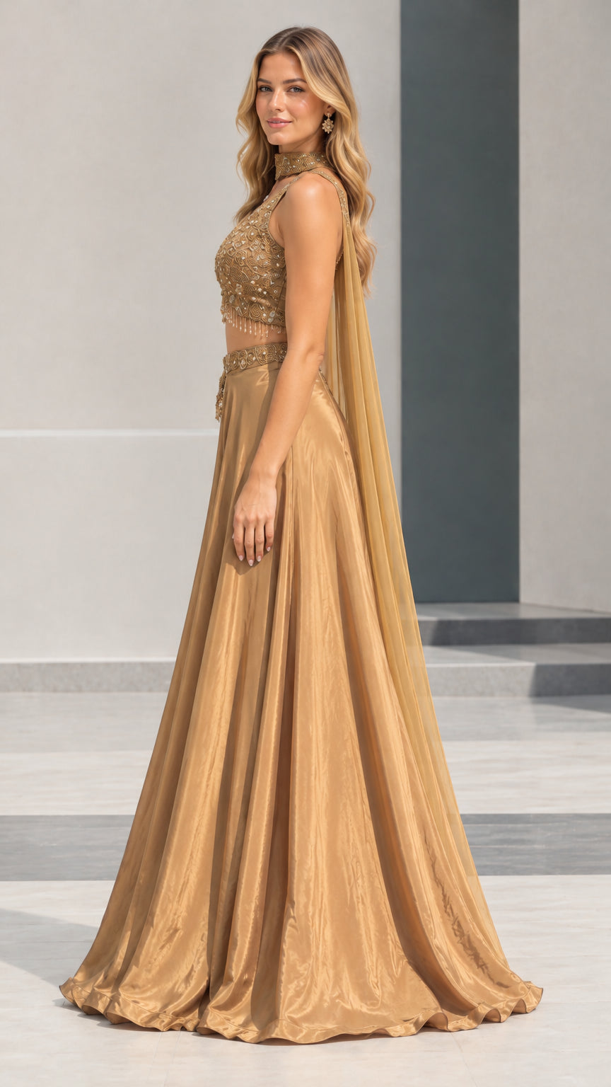 Side profile of woman in gold embellished formal crop top and maxi skirt set