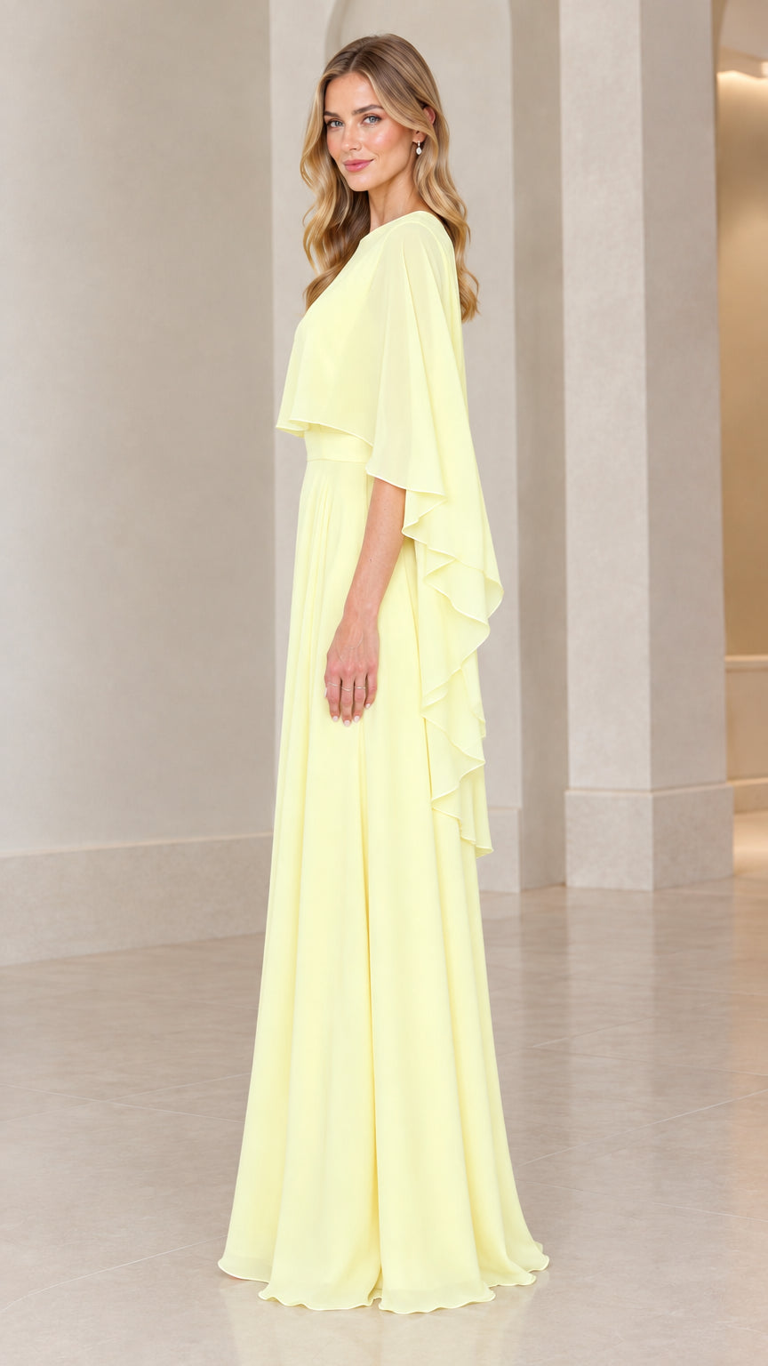 Side profile view of pale yellow chiffon capelet evening maxi dress showing tiered cape drape