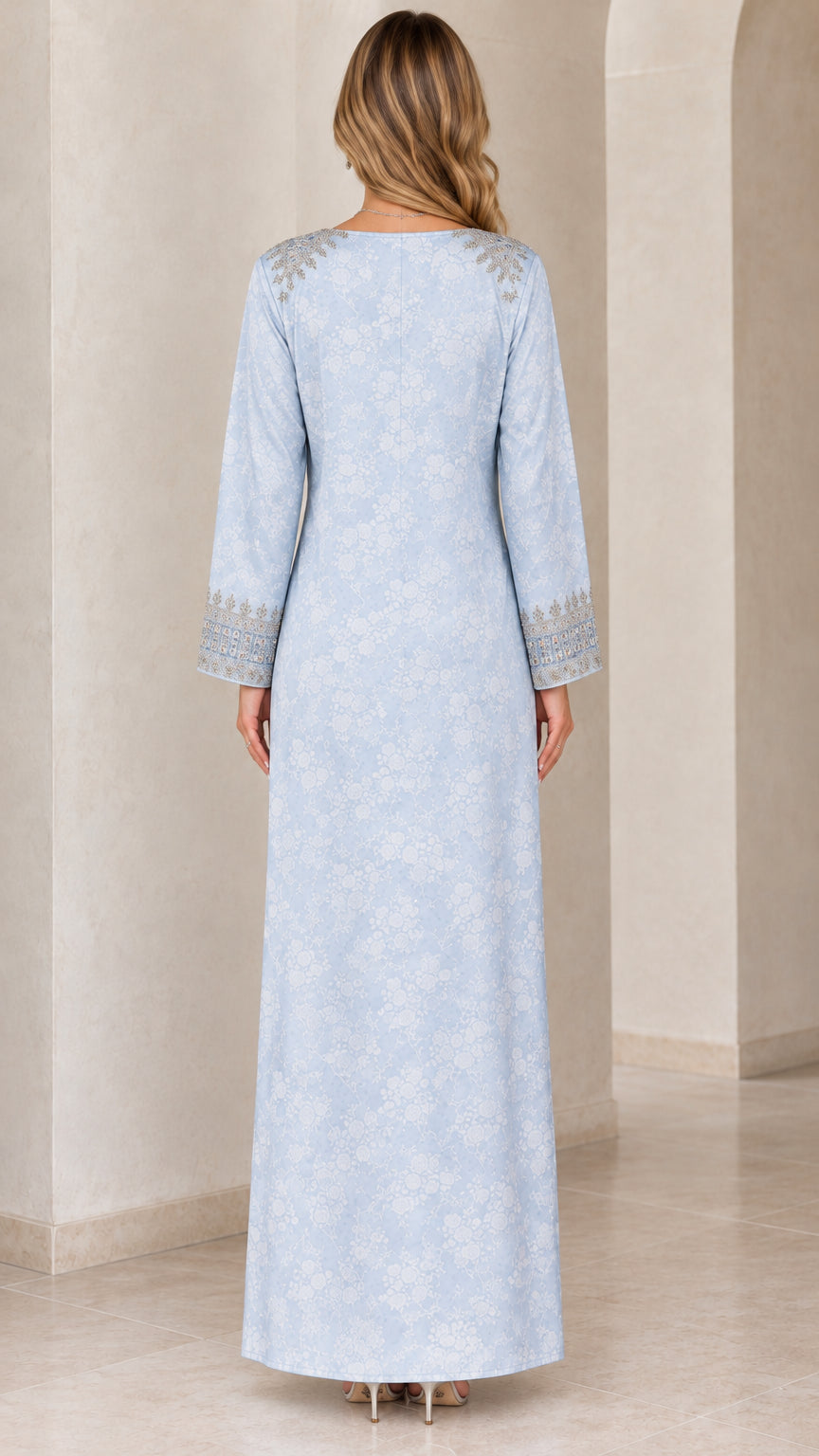 Back view of light blue floor length jacquard evening dress
