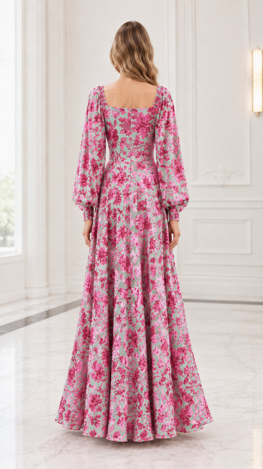 Back view of floor-length long sleeve floral dress with square back