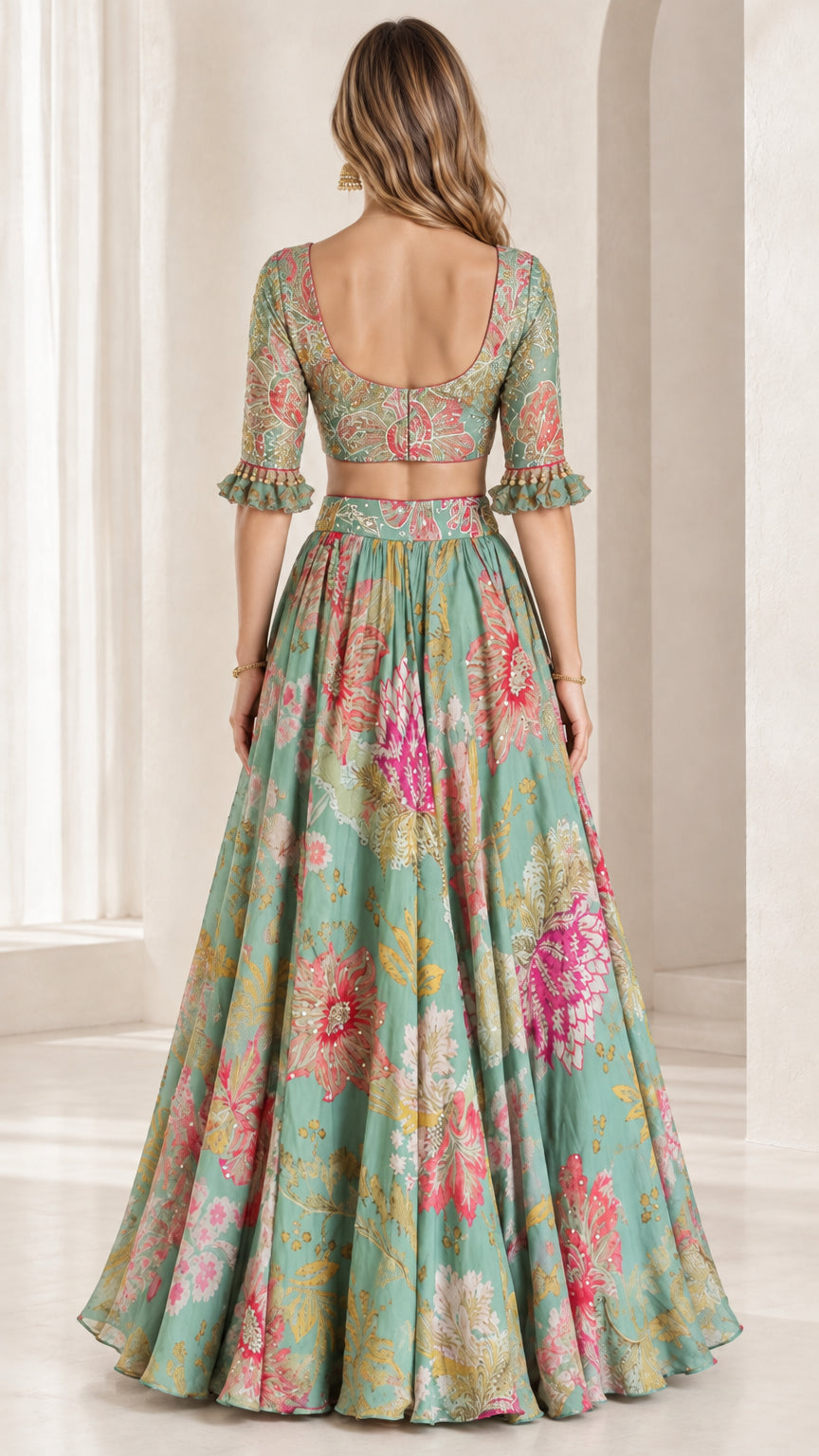 Back view of sage green floral crop top with low scoop back and flowing maxi skirt
