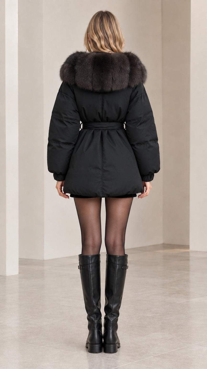 Back view of black hooded quilted puffer coat