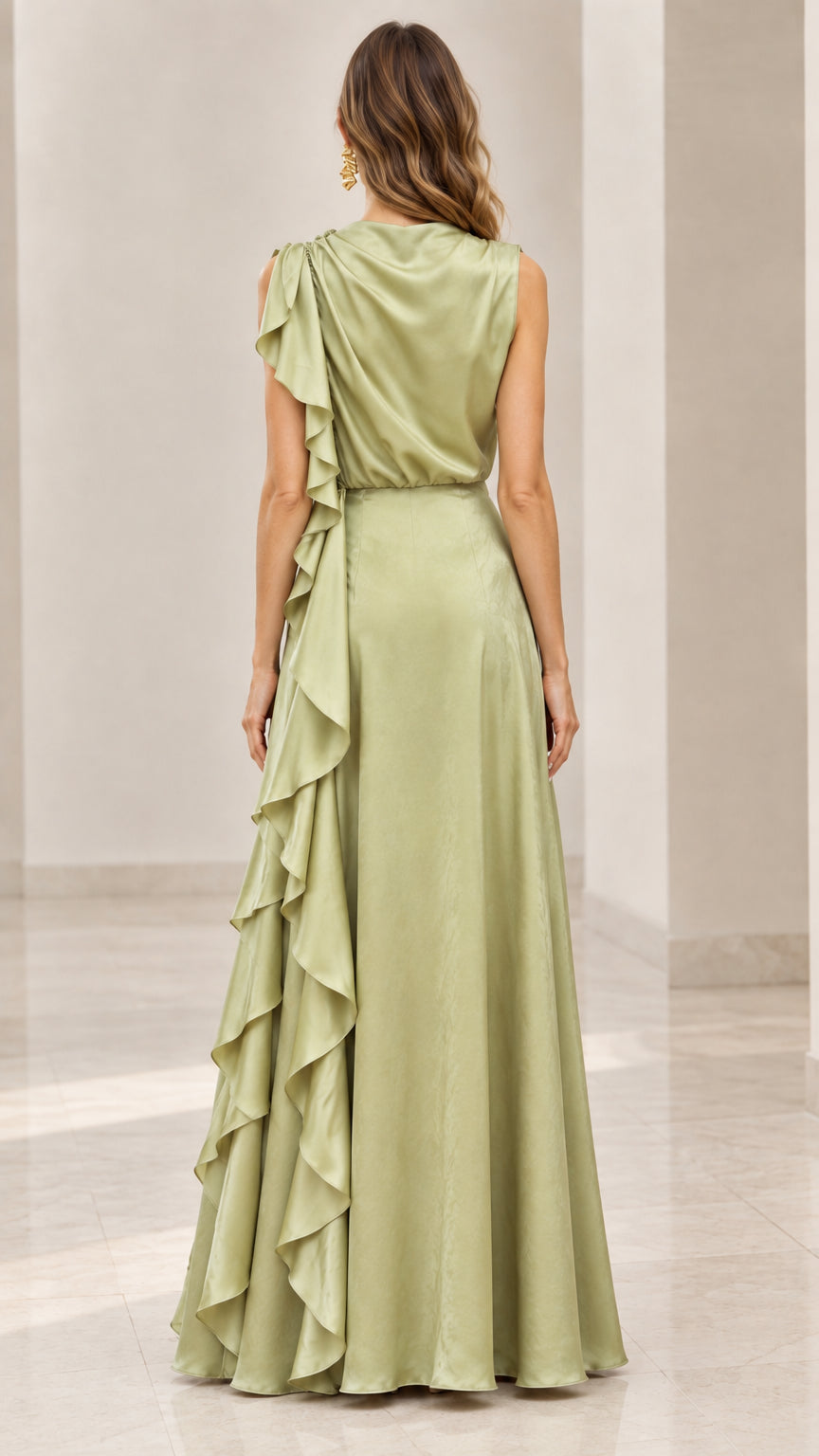 Back view of the sage green floor-length evening dress with draped shoulder detail