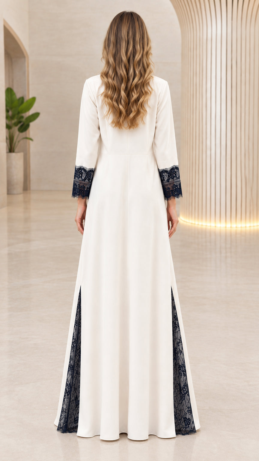 Back full-length view of cream long sleeve modest maxi dress