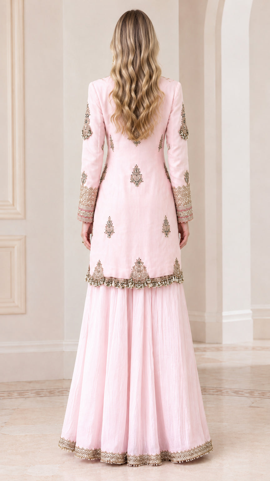 Blush Pink tailored embroidered long jacket and pants back view