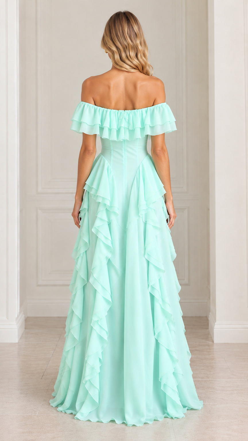Back full-length view of mint green ruffle-trimmed maxi dress