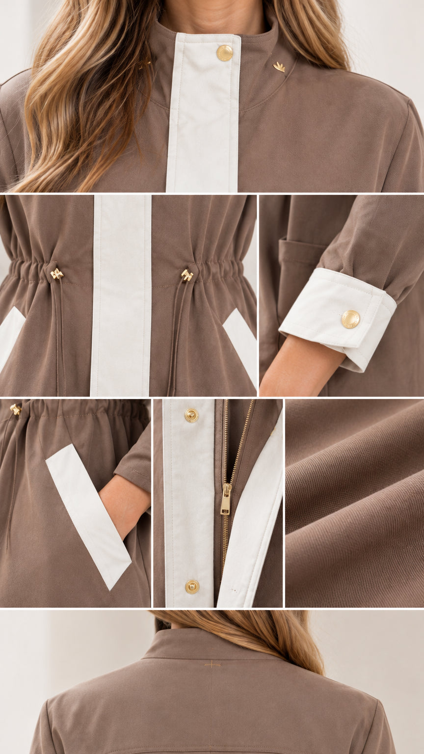 Close-up details of metallic zipper, drawstring toggle, contrast pocket, and collar