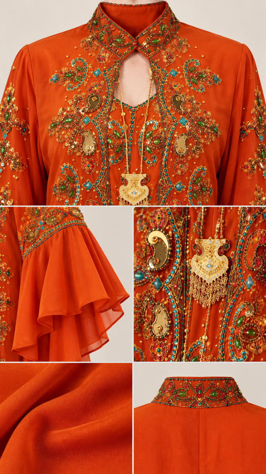 Detailed close-up of neckline embroidery, bell sleeves, and chiffon fabric