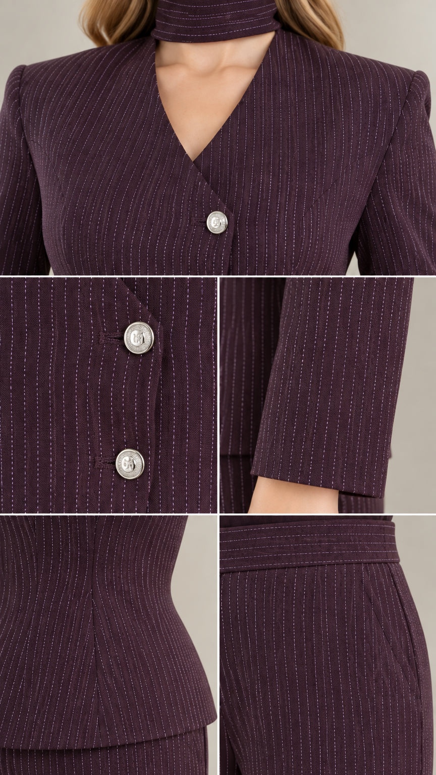 Detailed close-up of choker neckline, button placket, and waistband tailoring on burgundy pinstripe suit