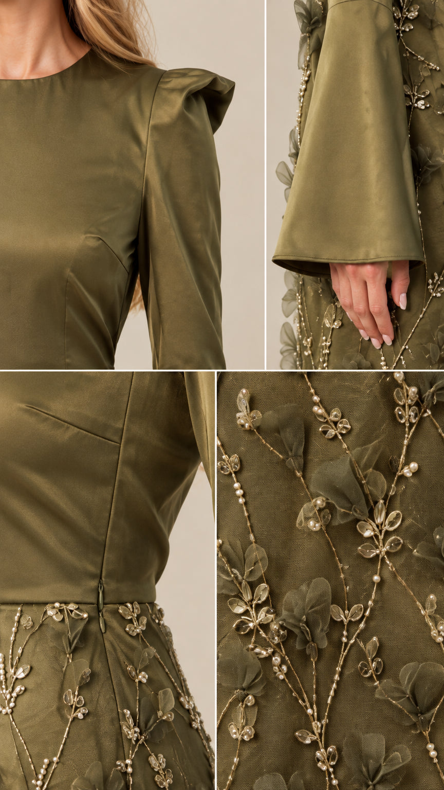 Detailed close-ups of the shoulder ruffle, flared cuff, side zipper, and 3D floral beading