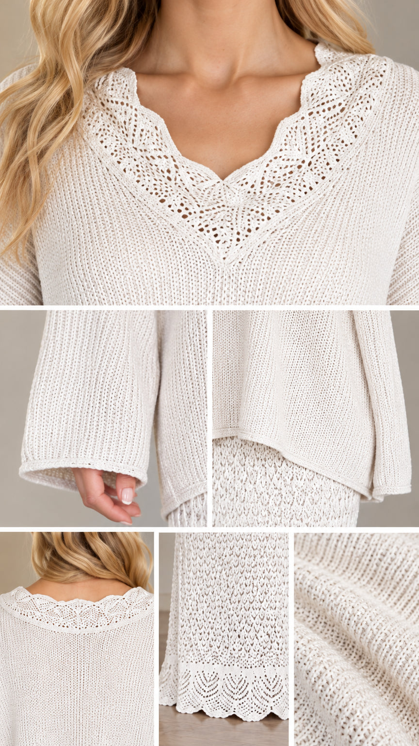 Detailed close-up of scalloped crochet neckline, knit cuffs, and textured skirt hem