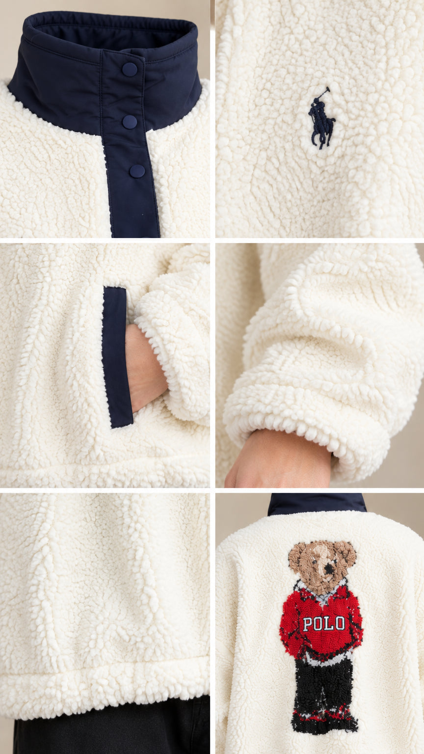 Close-up details of collar snaps, chest embroidery, pocket, cuff, and back bear motif