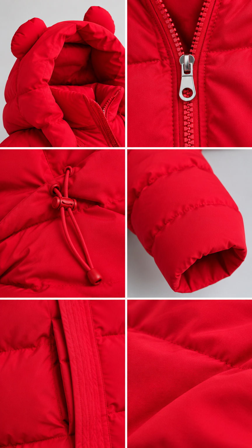 Close-up details of red bear ear hood, front zipper, hem toggle, and quilted texture