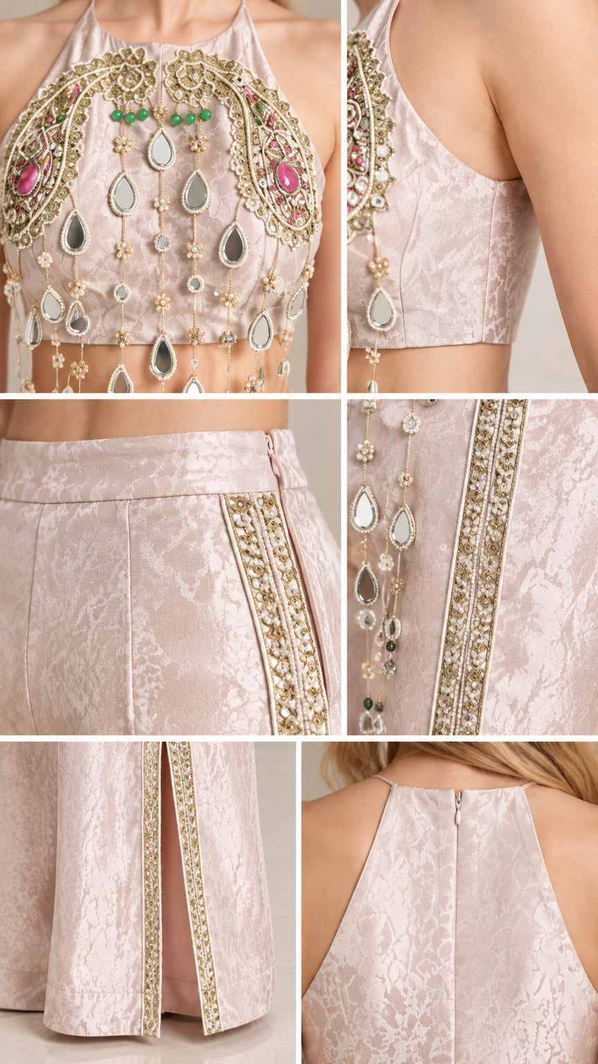 Close-up details of jeweled teardrop fringe, jacquard fabric, and trouser beading