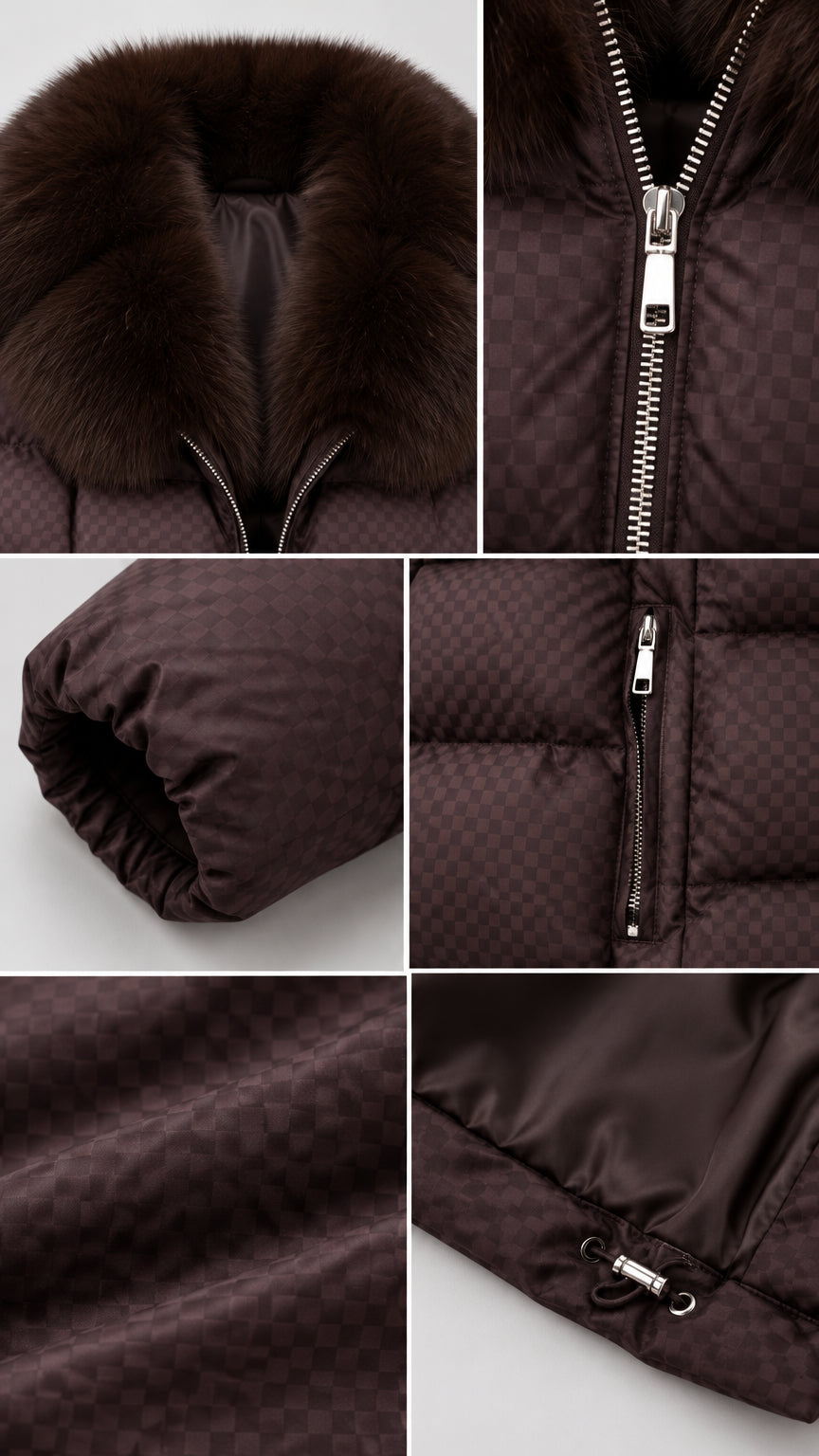 Close-up details of faux fur collar, zipper hardware, cuff, fabric texture, and toggle hem