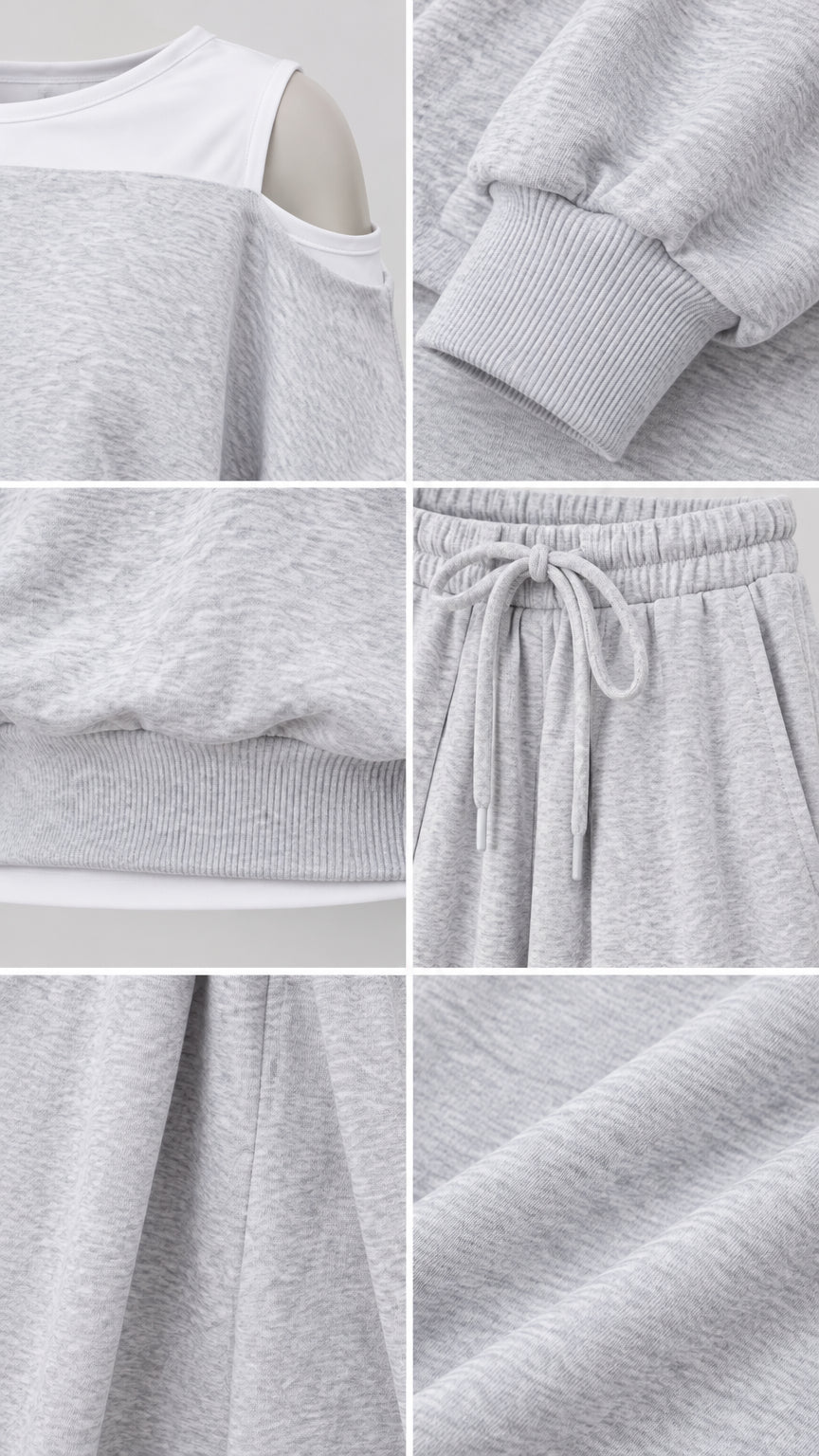 Close-up details of heather grey fabric texture, ribbed cuffs, neckline cutout, and drawstring waistband