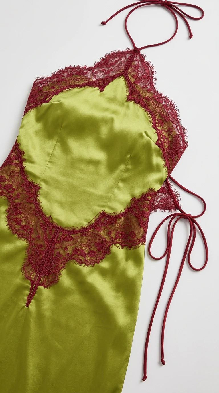 Close-up flat lay of olive green satin bodice featuring delicate burgundy lace and skinny ties