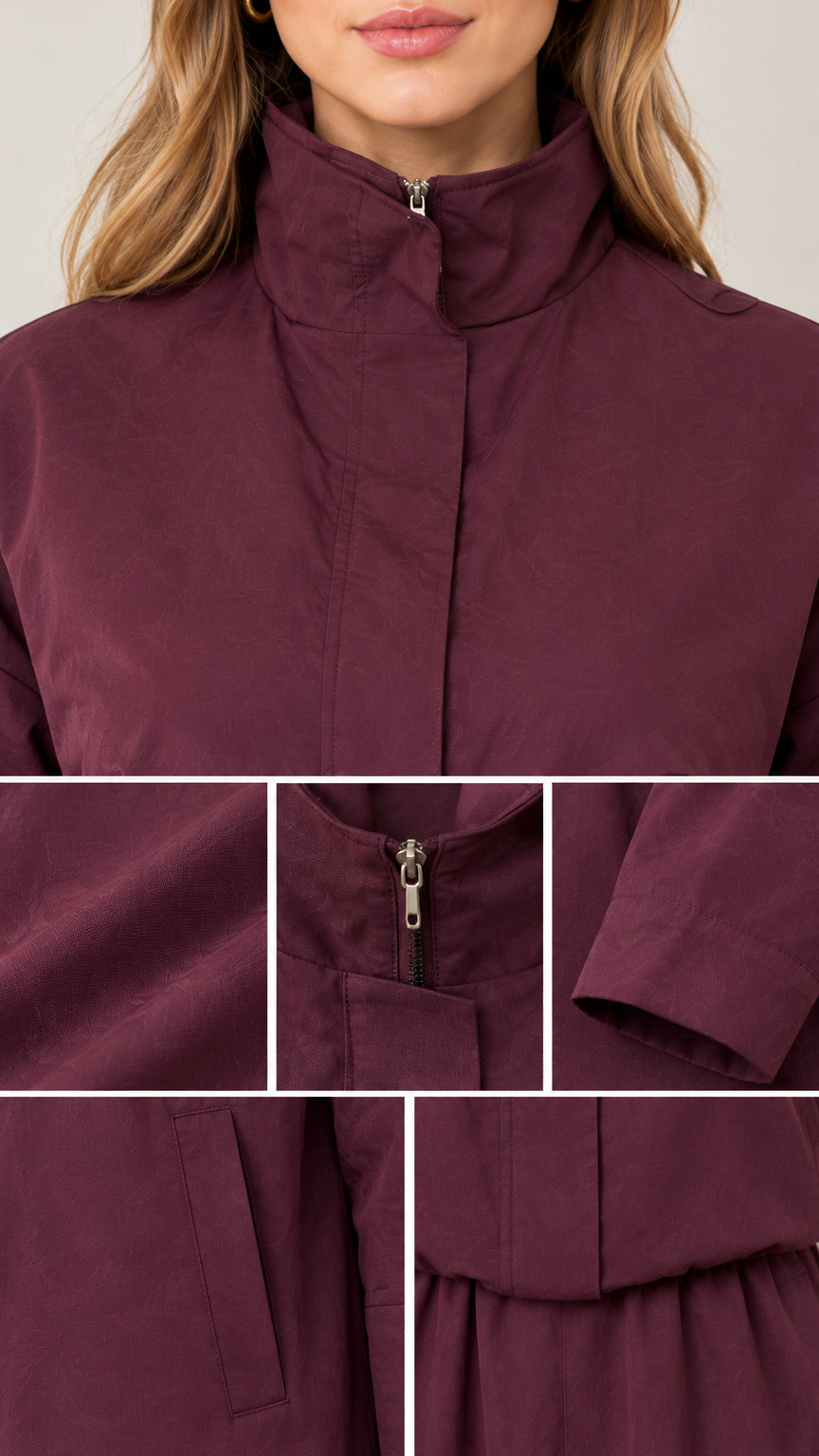 Close-up detail collage showing stand collar, front zip, pocket, and waistline