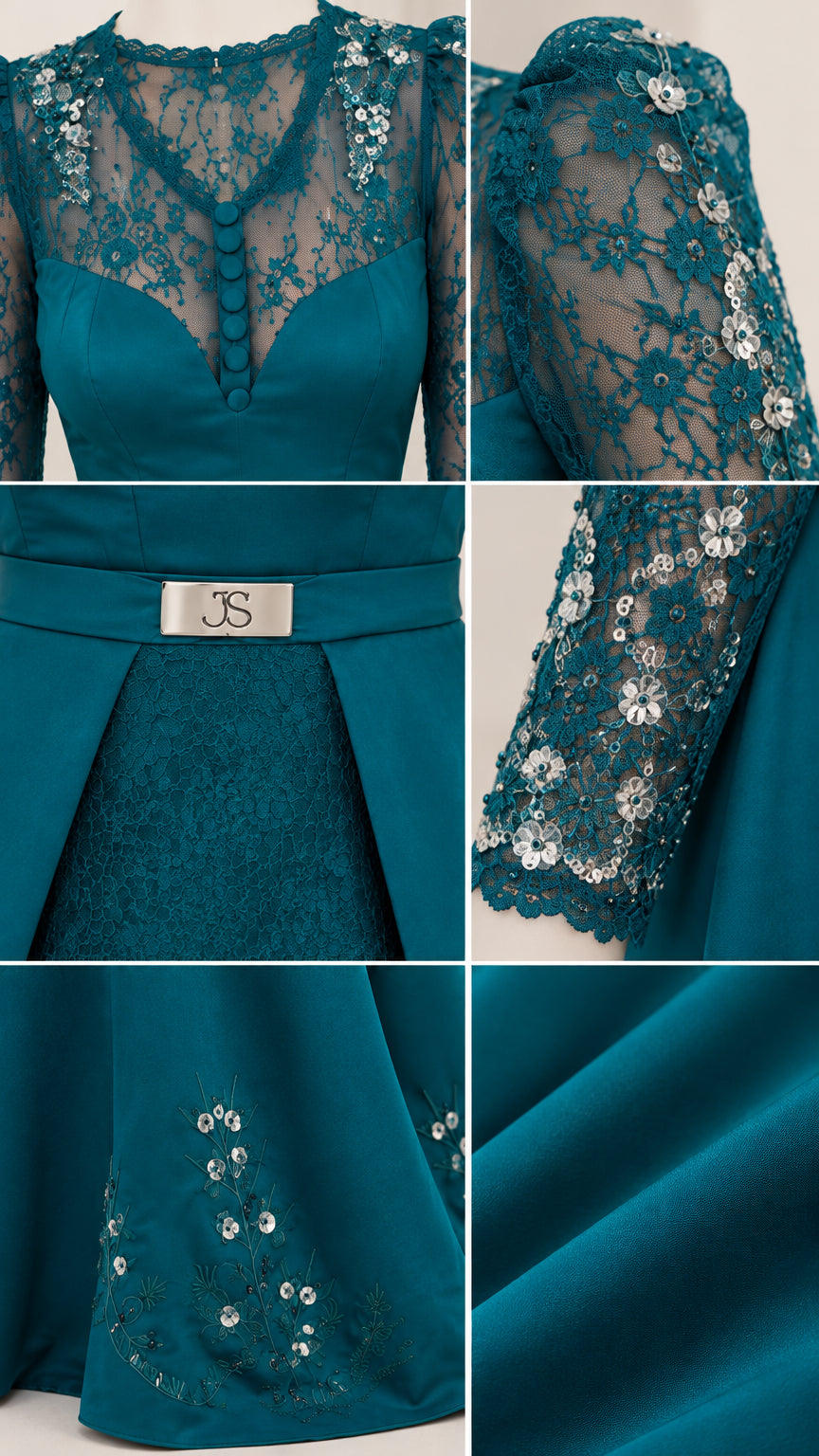 Close-up detail collage of sheer lace bodice, buckle belt, sequin sleeves, and hem embroidery
