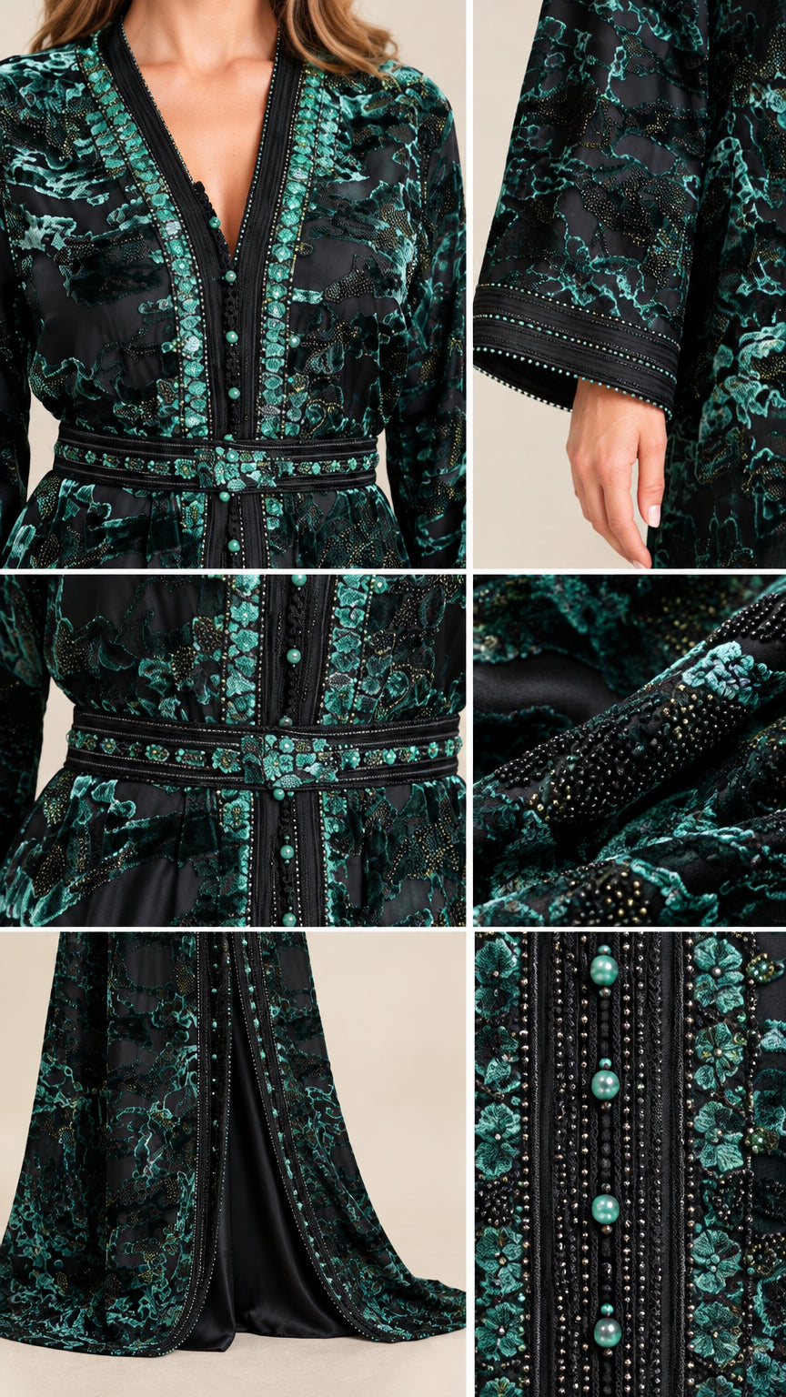 Close-up details of beaded placket, pearl buttons, and embellished belt on velvet kaftan