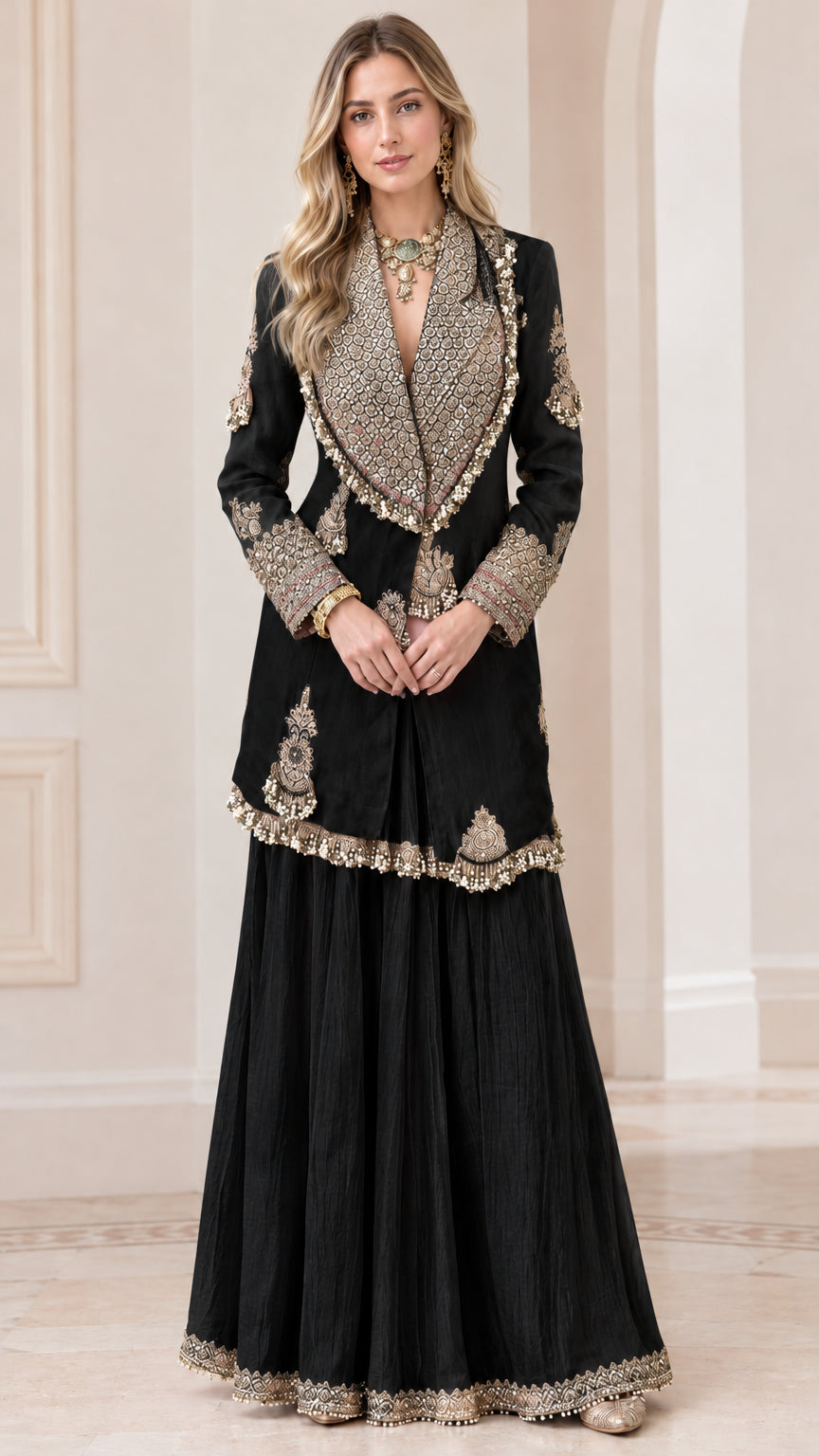 Black formal embroidered blazer and sharara pant set