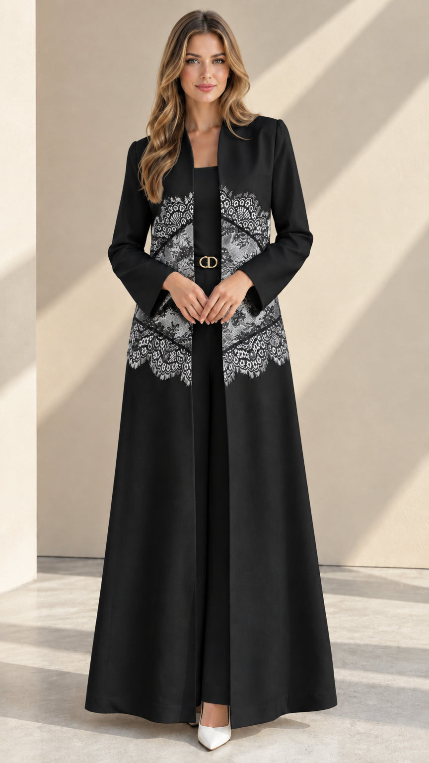 Full-length black formal duster jacket set with contrast white lace waist detail