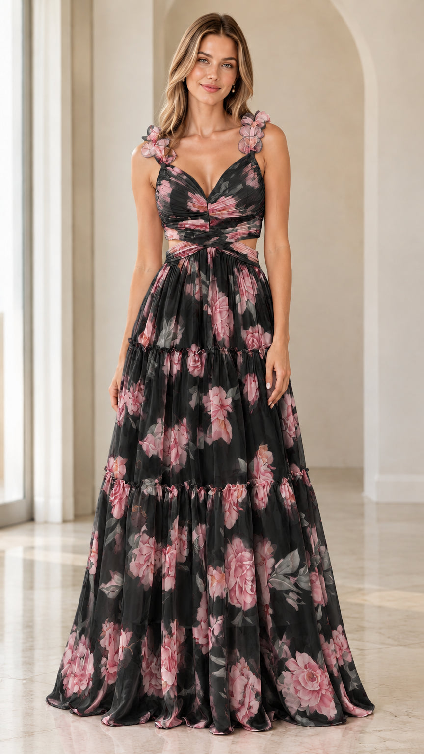 Front view of black floral print cutout tiered chiffon maxi dress