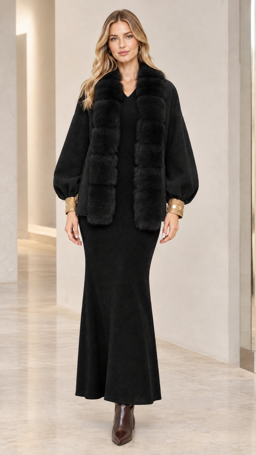 Front view of black faux fur trimmed lantern sleeve short coat