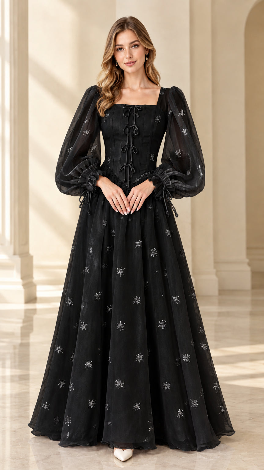 Front view of black embroidered corset maxi dress with voluminous sheer sleeves