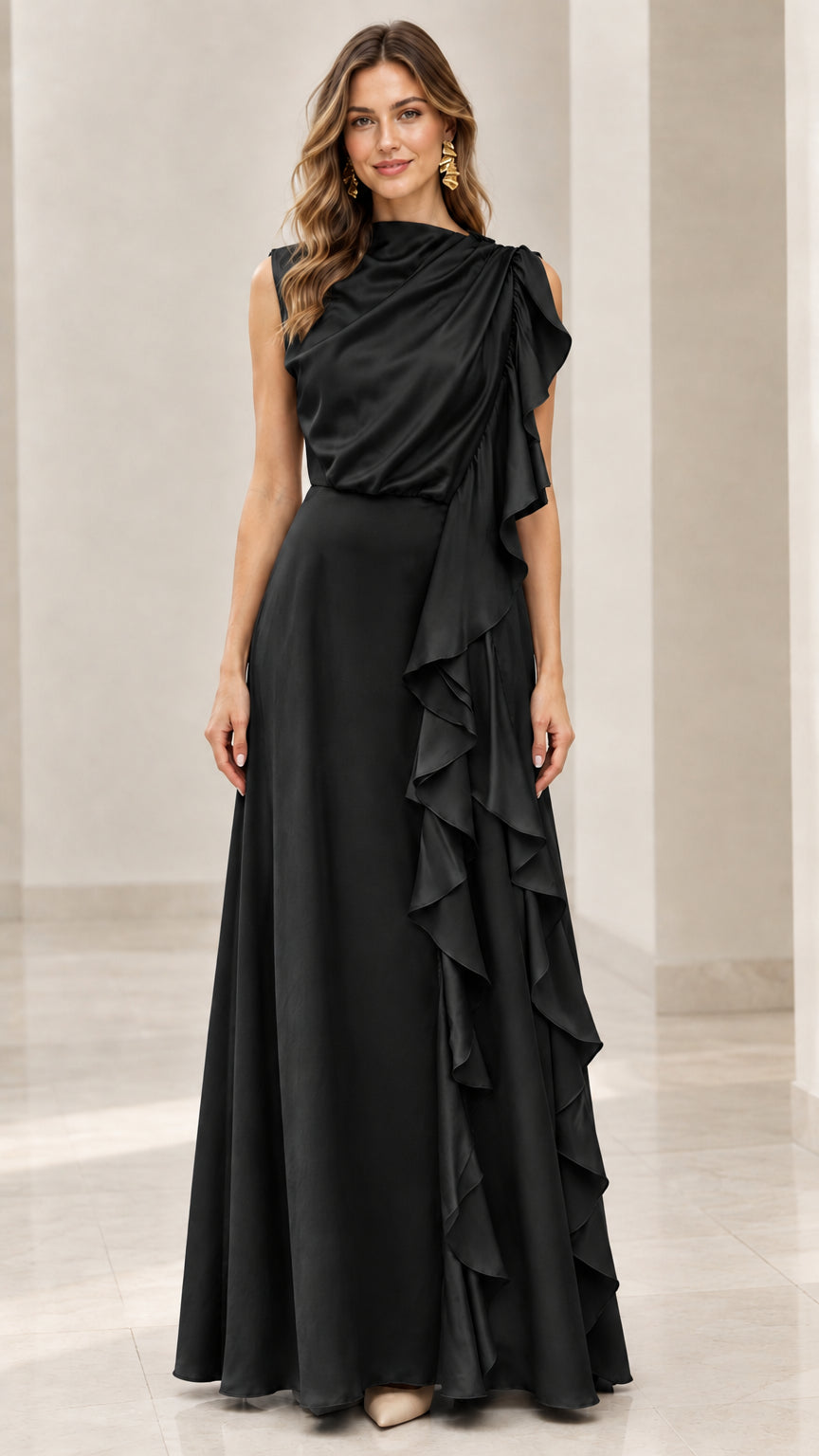 Model wearing the asymmetrical draped satin maxi evening dress in classic black