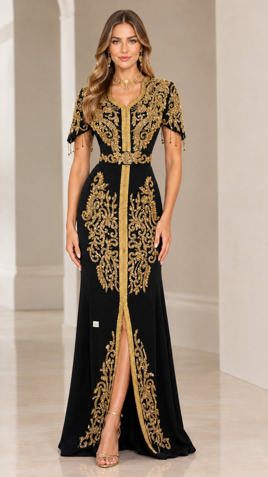 Full-length front view of black caftan evening dress with rich gold embroidery