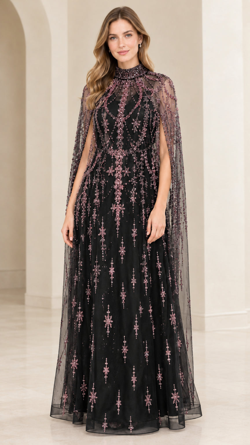 Model wearing Black high-neck beaded formal gown with flowing cape overlay