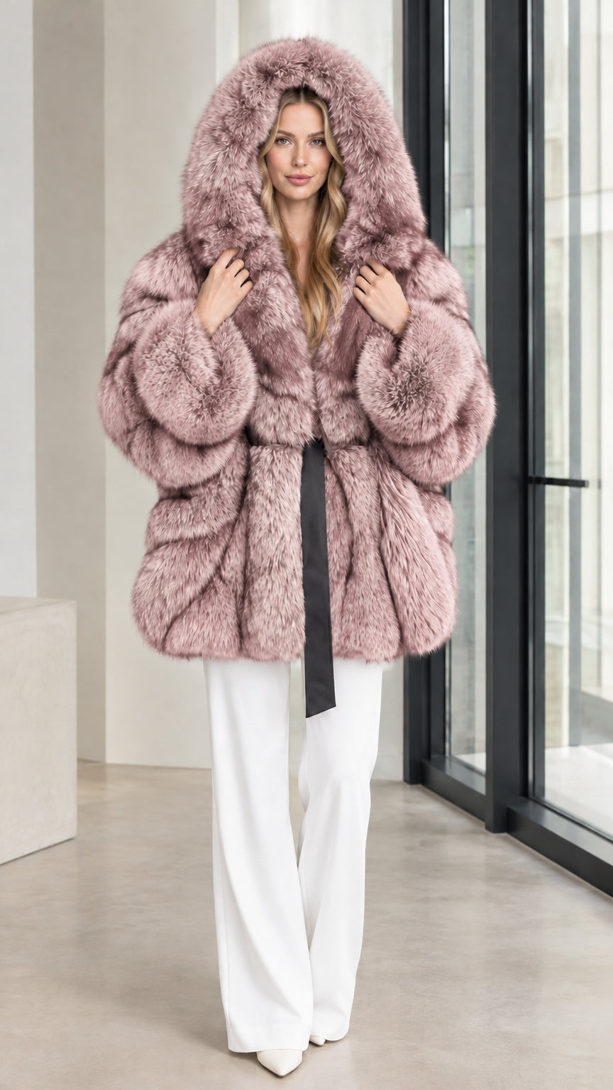Dusty pink hooded belted faux fur coat worn with white trousers